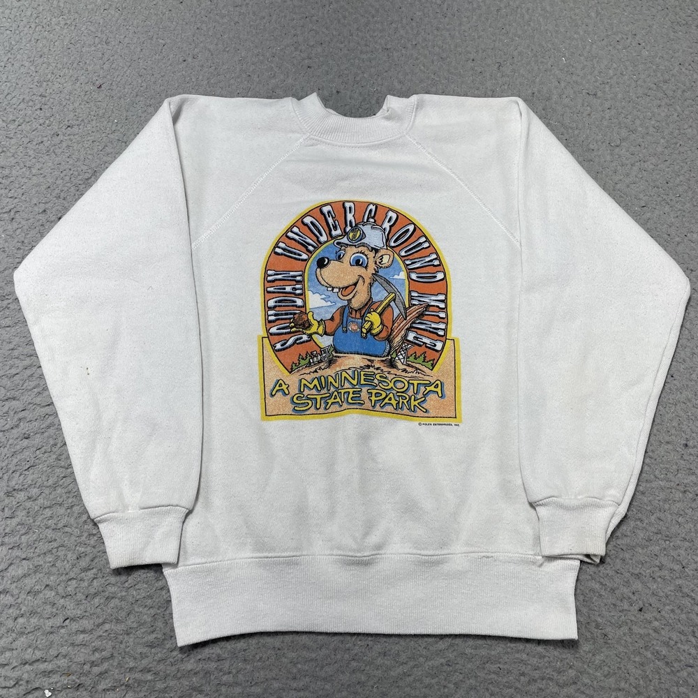 Vintage Hanes Sweatshirt Kids M 10-12 White Soudan‎ Underground Mine MN Graphic